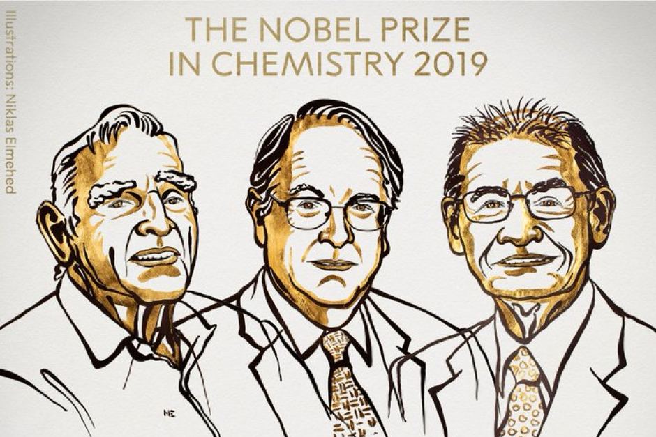 Figura 1. Ganadores del premio Nobel de Química 2019. John B Goodenough, M Stanley Whittington and Akira Yoshino. Imagen tomada de https://www.abc.net.au/news/2019-10-09/2019-nobel-chemistry-prize-winners-goodenough,-whittington-and/11588370