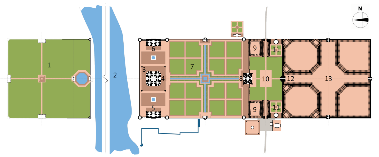 Figura 2. Plano del Taj Mahal:1) Jardín Luz de Luna; 2) Río Yamuna; 3) Minaretes; 4) Mausoleo; 5) Mezquita; 6) Jabaz; 7) Charbagh (jardines); 8) Darwaza (fuerte de acceso); 9) Patios externos; 10) Explanada del acceso principal; 11) Tumbas secundarias; 12) Portada de acceso principal; 13) Taj Ganji (bazar). Tomada de https://es.wikipedia.org/wiki/Taj_Mahal. De Alonso de Mendoza - Trabajo propio, CC BY-SA 3.0. https://commons.wikimedia.org/w/index.php?curid=24020953