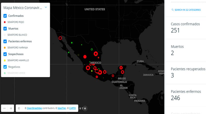 Figura 1.- Mapa de los casos reportados en Mexico (al 21 de marzo de 2020). Imagen tomada de: https://www.eleconomista.com.mx/politica/Rastreador-de-Coronavirus-Mexico-actualizacion-en-tiempo-real-20200309-0089.html)