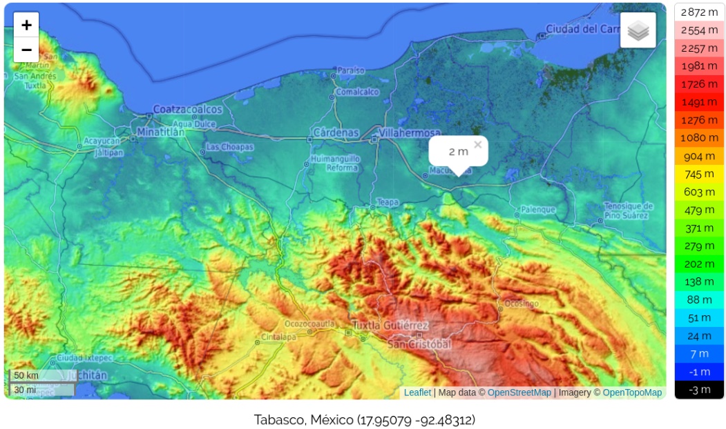 Figura 1: Mapa topográfico de Tabasco (tomado de la referencia (6)). Hay grandes áreas de entre 100 y 150 km. de ancho cuya altitud es de apenas unos metros sobre el nivel del mar.