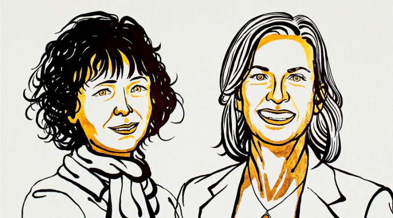 Figura 1. Ilustración de Emmanuelle Charpentier (izquierda) y Jennifer Doudna (derecha), ganadoras del premio Nobel de Química en el 2020. Tomada de: https://www.nationalgeographic.com.es/ciencia/premio-nobel-quimica-2020-para-inventoras-tijeras-geneticas_15961