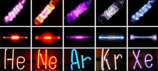 Figura 2:  Color de descarga de gases nobles, con una fuente de alimentación de 5 kV, 20 mA y 25 kHz. Imágenes tomadas de: New work Alchemist-hp (talk) www.pse-mendelejew.de; original single images: Jurii, http://images-of-elements.com - Original: Jurii:, CC BY 3.0, https://commons.wikimedia.org/w/index.php?curid=7630223