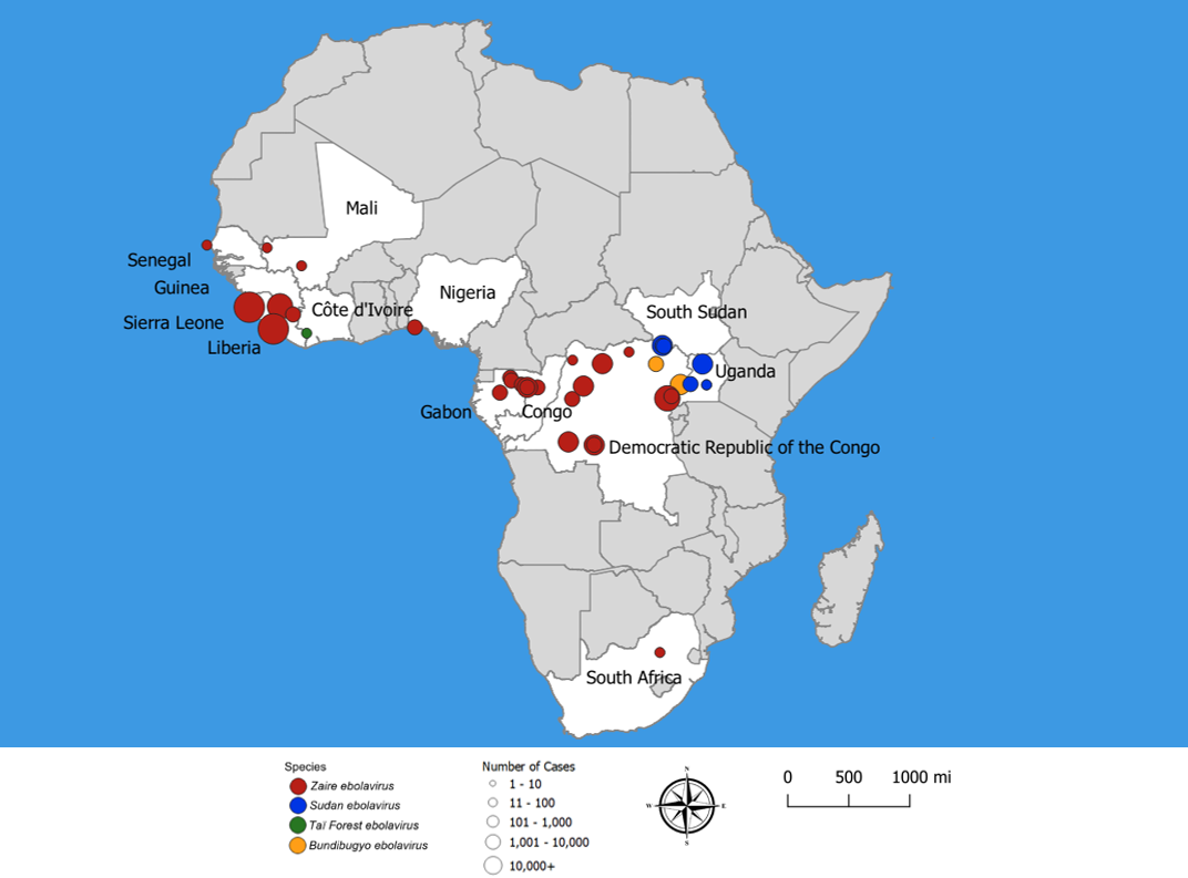 . Mapa de la distribución de los casos de Ébola en África, desde 1976