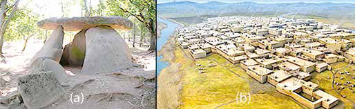 Figura 3. a) Construcciones de piedras enormes realizadas por los humanos del neolítico hace 9.500 años. No tienen comparación con las construcciones realizadas 2.500 años antes. b) Çatalhöyük considerada la primera ciudad del neolítico se construyó a base de adobes.