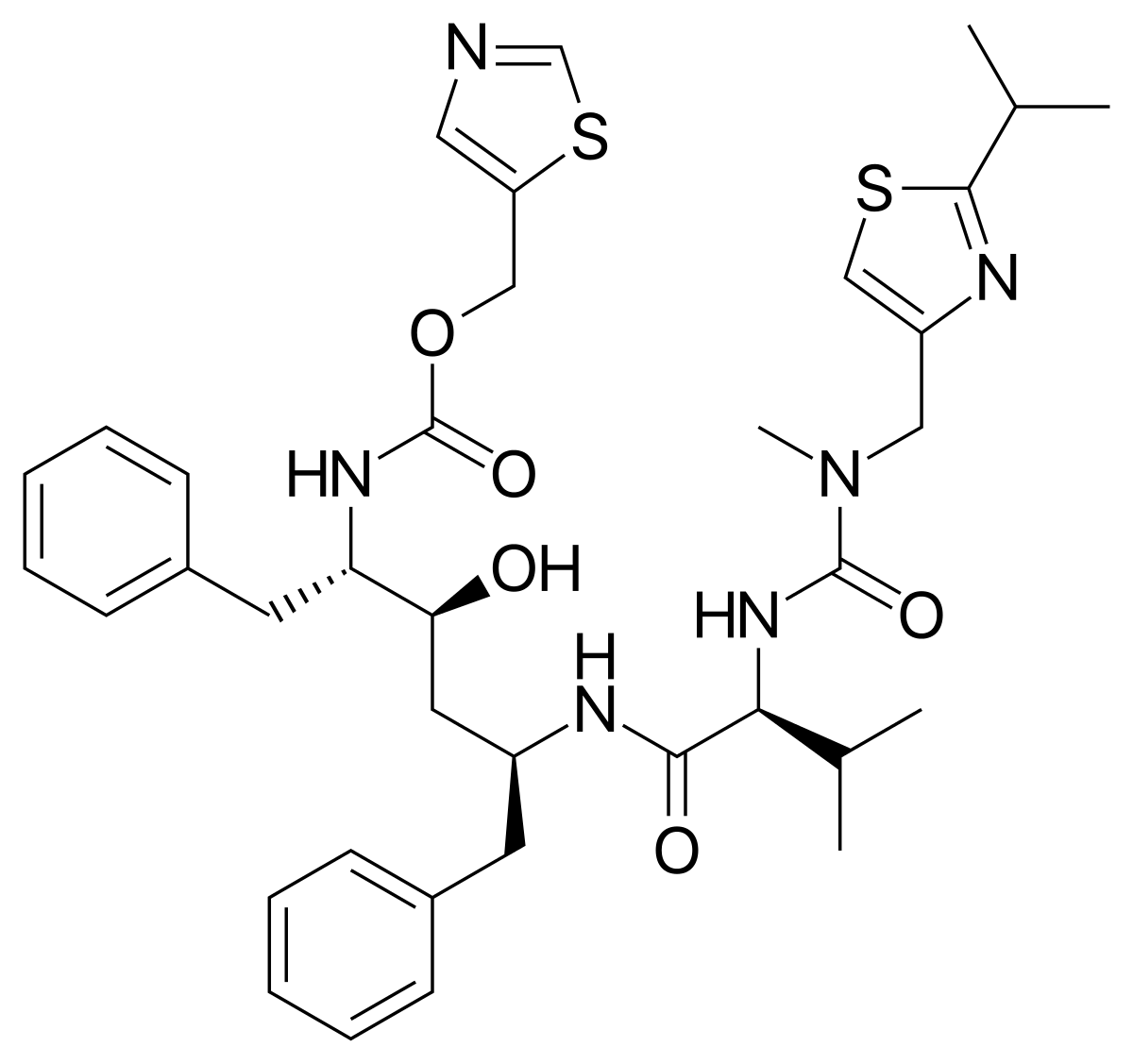 Figura 2. Estructura molecular de Ritonavir, un derivado del aminoácido L-valina. Estas moléculas pueden formar dos estructuras cristalinas diferentes.
