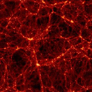Figura 2. Esta imagen muestra la estructura mas grande conocida en el Universo: una red de filamentos formada por supercúmulos de galaxias. La escala corresponde a cientos de millones de años luz de un extremo al otro de la imagen. Tomado de www.astronoo.com/en/galaxy-clusters.html