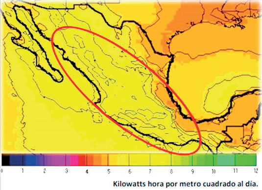 Figura 1. Kilowatts hora por metro cuadrado que recibe México durante un día. Tomada de http://www.conagua.gob.mx/CONAGUA07/Contenido/Documentos/presentacion1.pdf