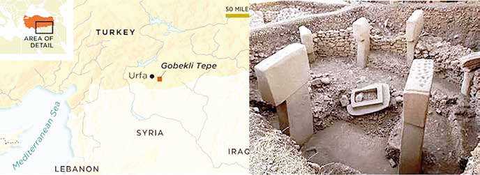 Figura 1. Mapa con la situación de Göbekli tepe en el sudeste de Turquía. A la derecha, columnas en forma de “T” creadas por hábiles artesanos hace 12.500 años. Las piedras pesan12 toneladas